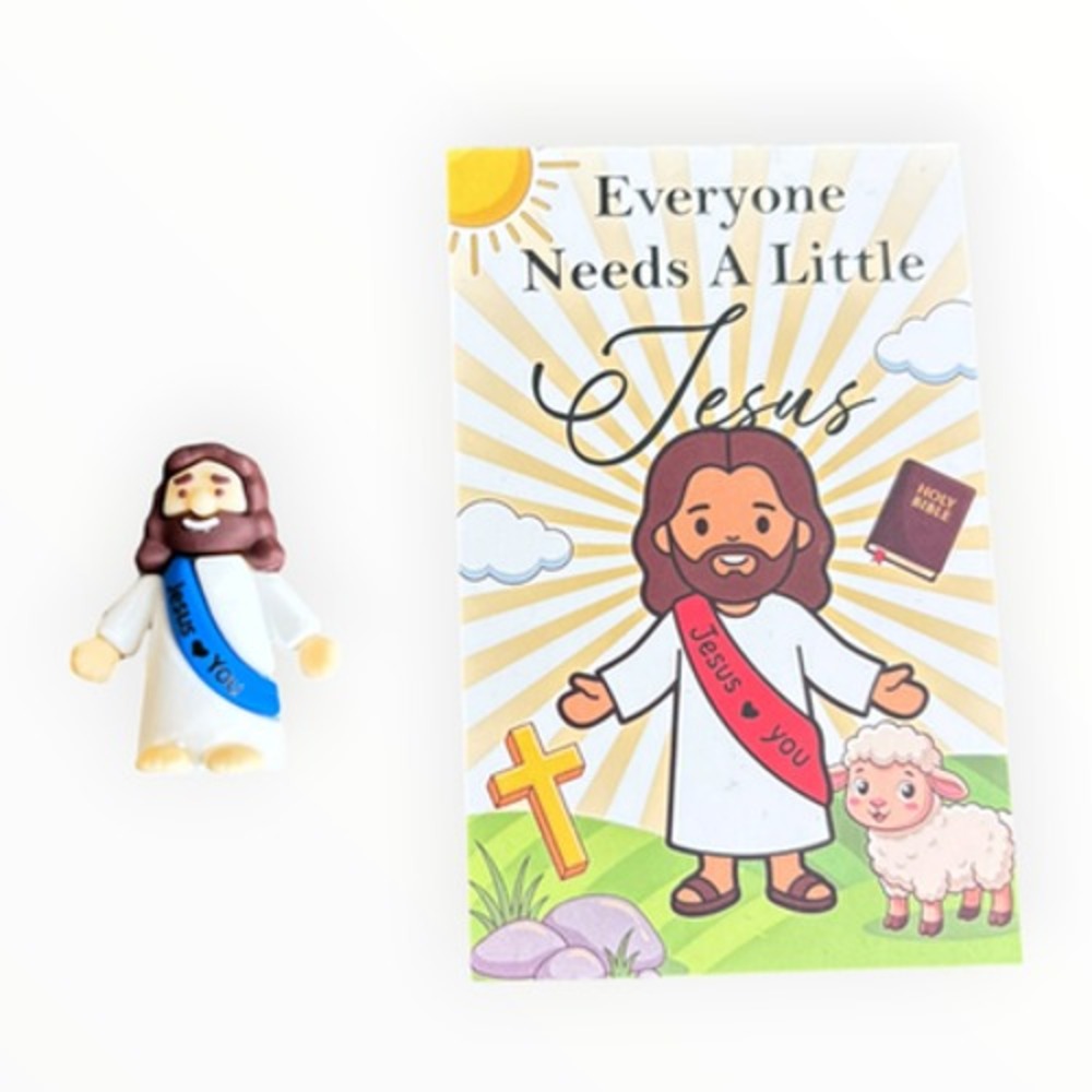 Little Jesus Charm Figure w/ Little Jesus Bookmark Tract White Blue Sash 1.4"